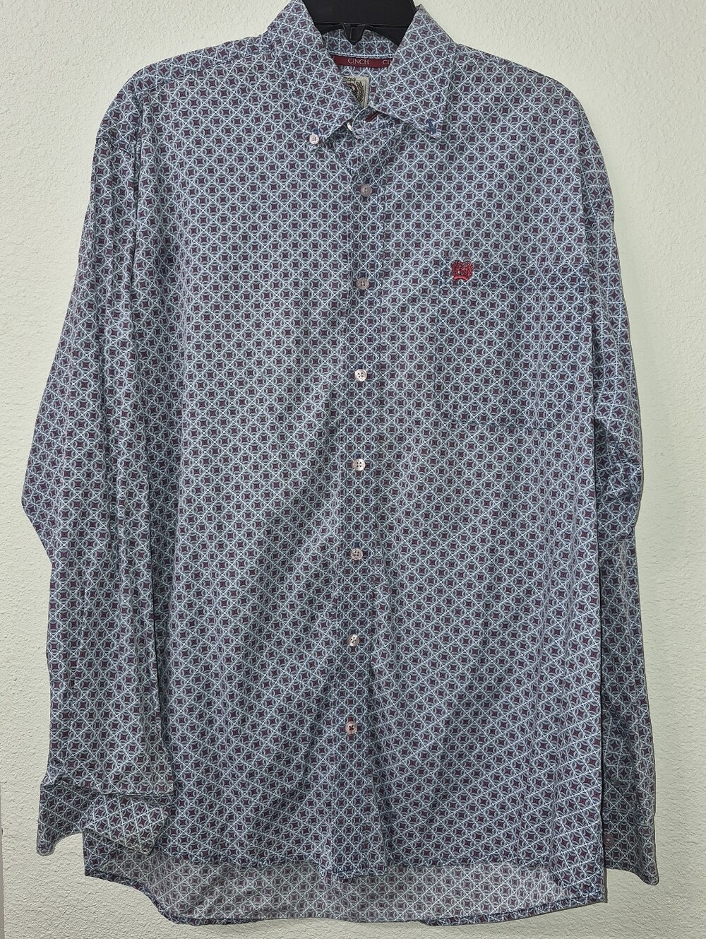 Cinch Men's Blue Geometric Button-Down Shirt with Red Logo